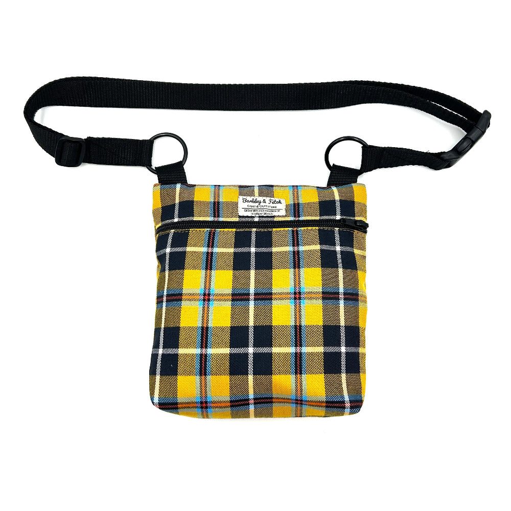 Yellow and black plaid bag with a strap on a white background handmade in uk by barkley and fetch