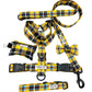Dog harness, leash, and bow tie set with yellow and black plaid pattern on a white background handmade in uk by barkley and fetch