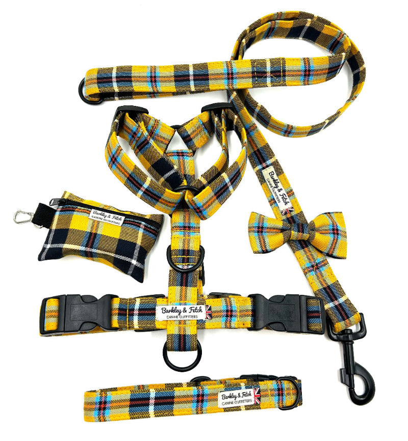 Dog harness, leash, and bow tie set with yellow and black plaid pattern on a white background handmade in uk by barkley and fetch