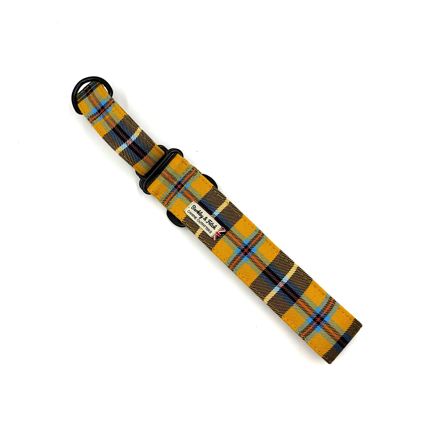 Cornish tartan martingale dog collar lying diagonally on a white background handmade in UK by Barkley And Fetch