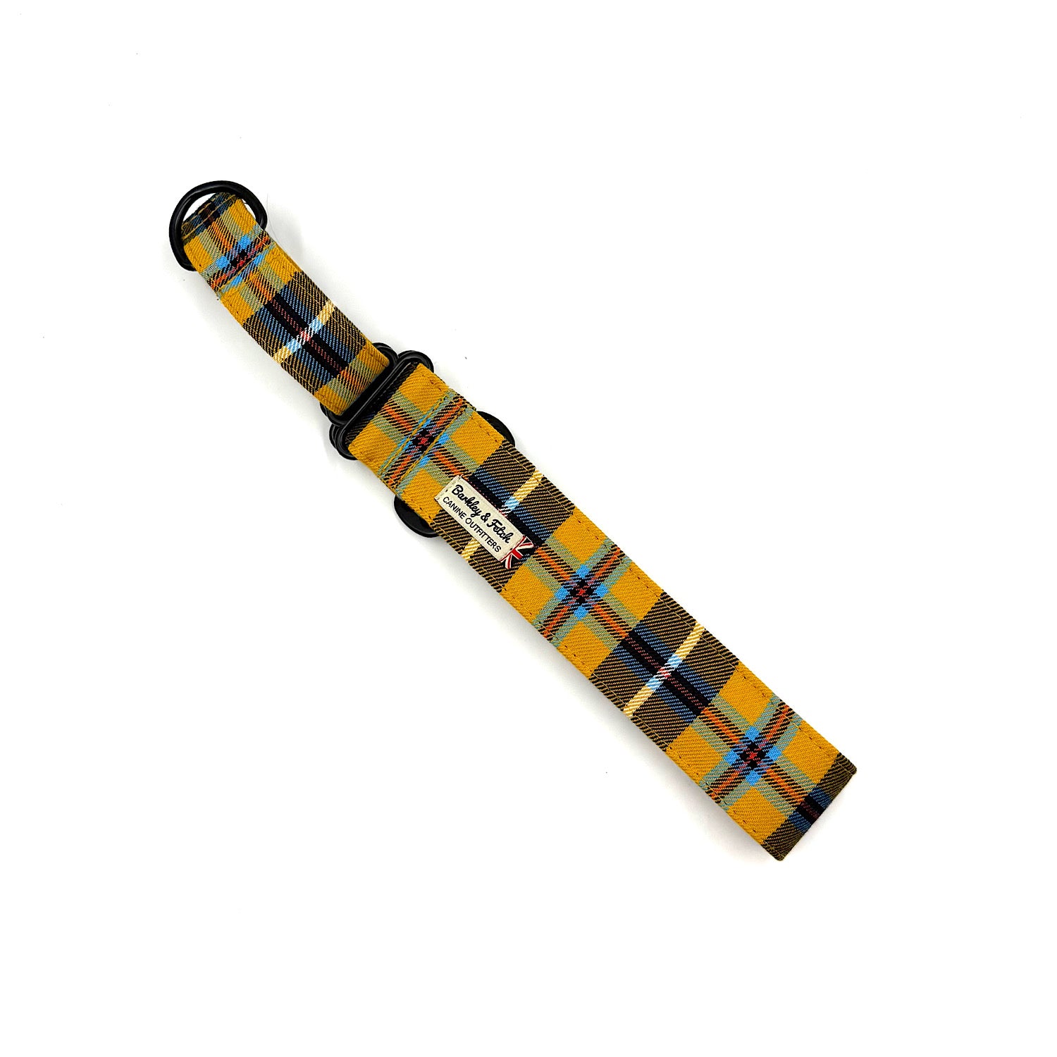 Cornish tartan martingale dog collar lying diagonally on a white background handmade in UK by Barkley And Fetch