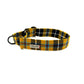 Plaid dog collar with visible brand logo on a white background handmade in UK by Barkley And Fetch