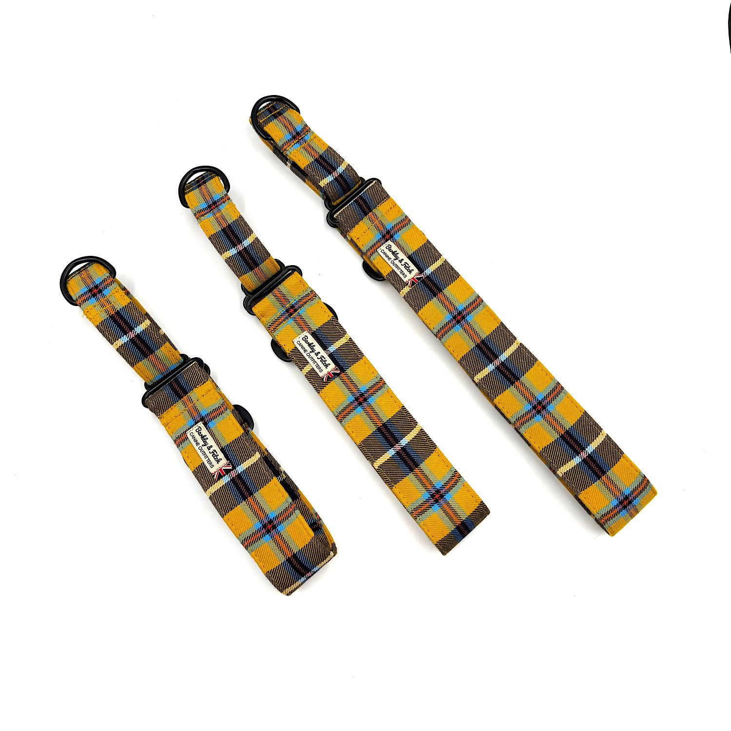 Three plaid dog collars in yellow, black, and green on a white background handmade in UK by Barkley And Fetch