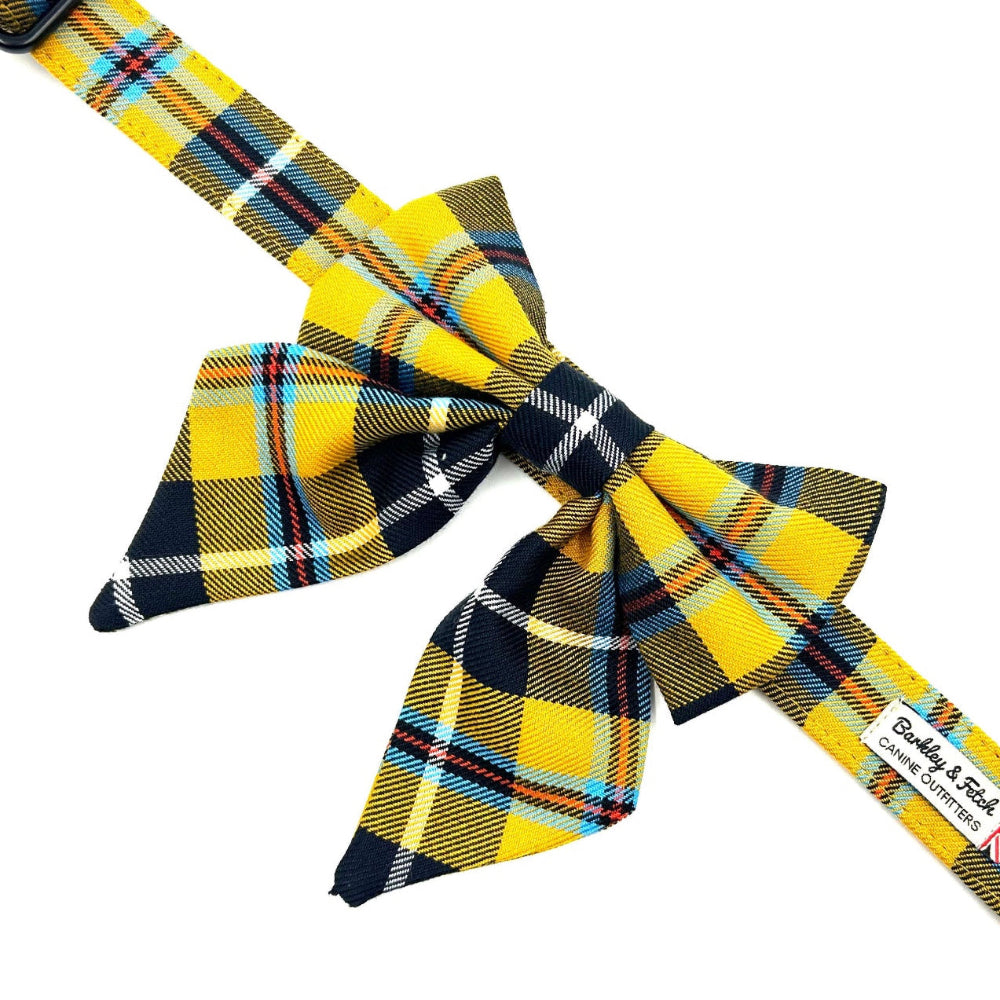Yellow Plaid dog collar and bow tie set on a white background handmade in uk by barkley and fetch