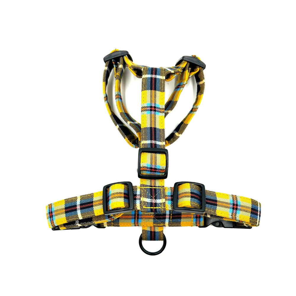 Plaid patterned dog harness on a white background handmade in uk by barkley and fetch