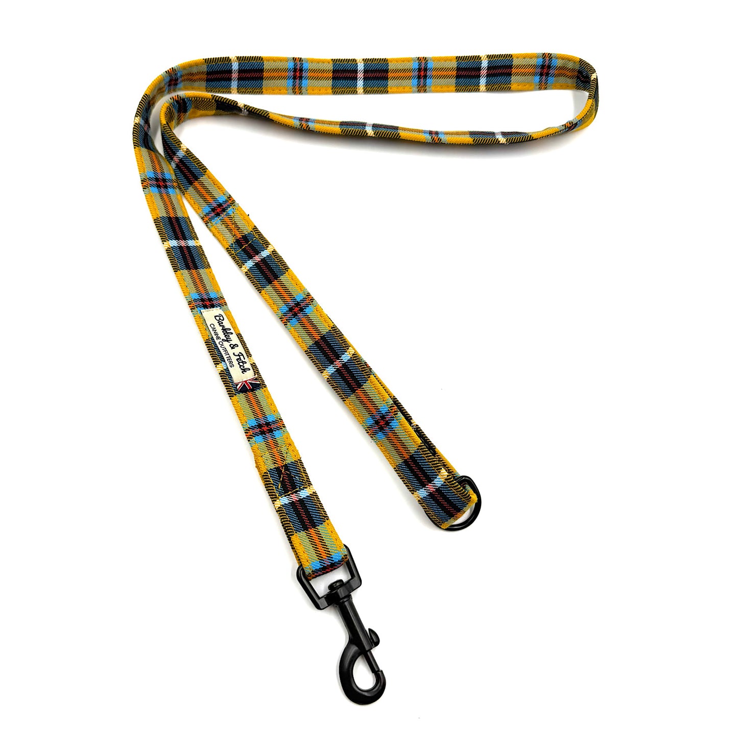 Plaid dog leash with a black clip on a white background