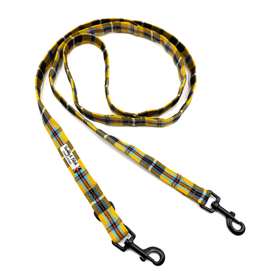 Plaid patterned dog leash with black metal clip on a white background