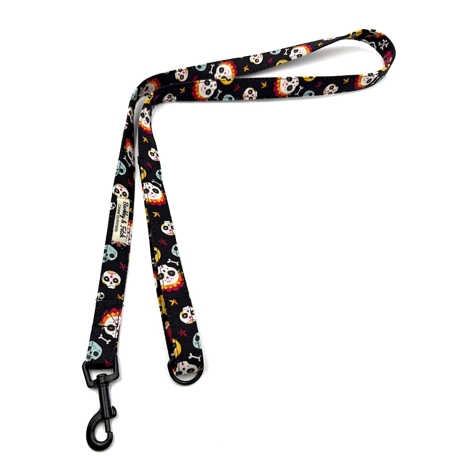 Dog leash with colorful skull pattern on a white background