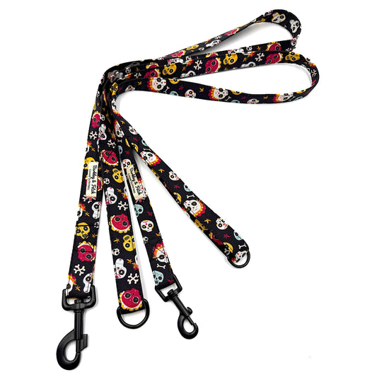 Dog leash with colorful skull pattern on a white background