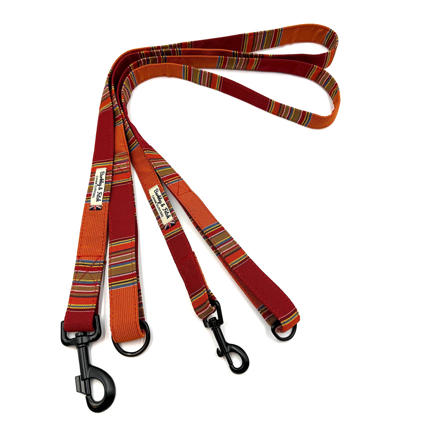 Striped dog leash with black clips on a white background handmade by Barkley and Fetch