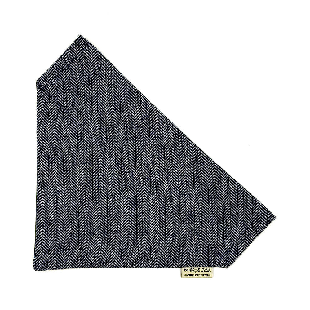 Blue and white herringbone patterned fabric dog bandana on a white background, handmade by Barkley And Fetch