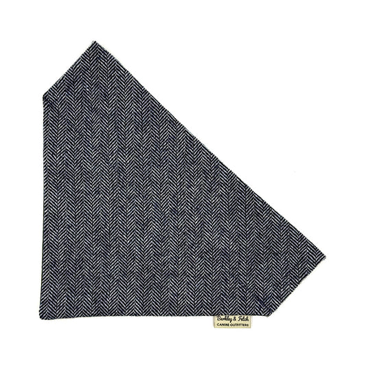 Blue and white herringbone patterned fabric dog bandana on a white background, handmade by Barkley And Fetch