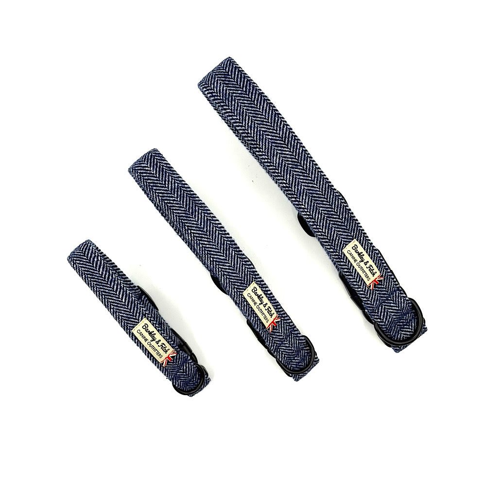 Two herringbone patterned straps with labels on a white background handmade in UK by Barkley And Fetch