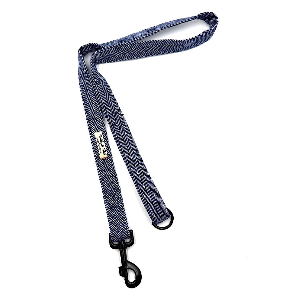 Blue herringbone patterned dog leash with a clip on a white background handmade by Barkley And Fetch UK