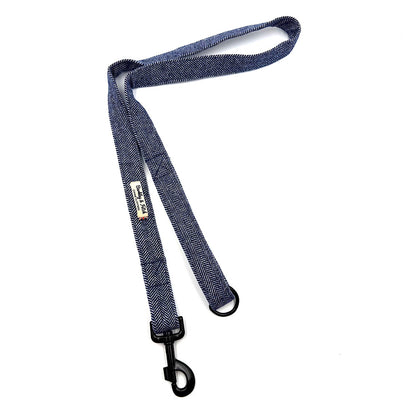 Blue herringbone patterned dog leash with a clip on a white background handmade by Barkley And Fetch UK