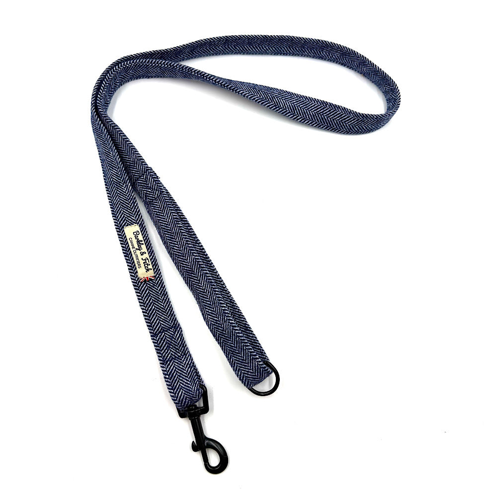 Blue herringbone patterned dog leash with a clip on a white background handmade by Barkley And Fetch UK