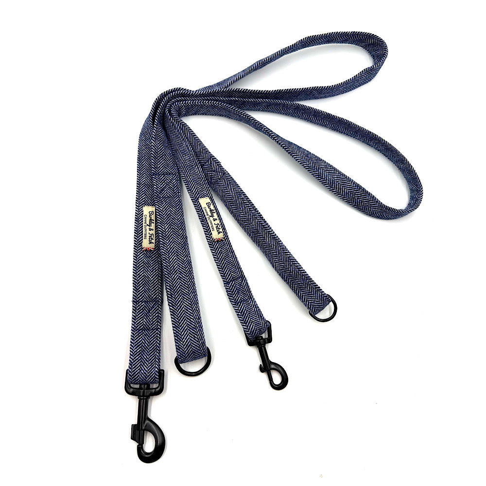 Blue dog leash with black clips on a white background handmade by Barkley And Fetch UK