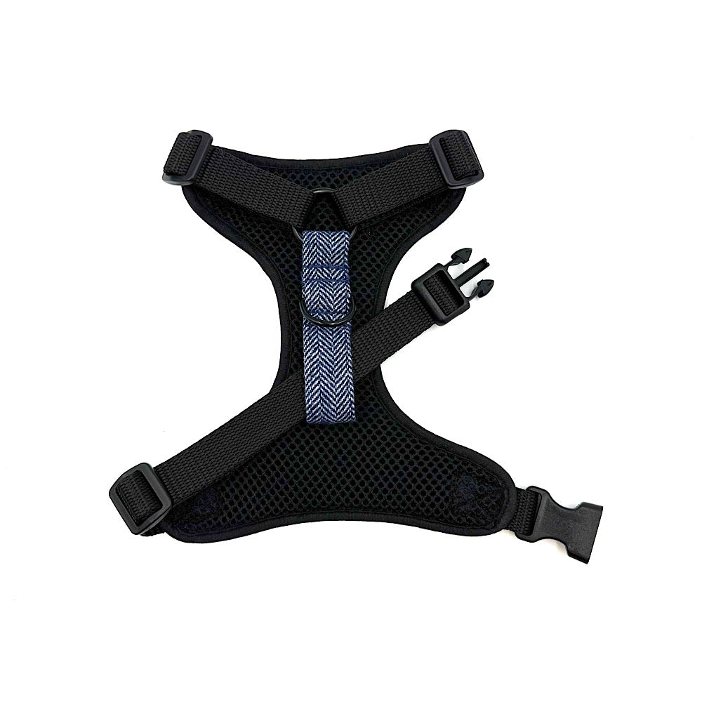 Black dog harness with a blue strap on a white background handmade in UK by Barkley And Fetch