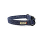 Blue dog collar with a visible brand label on a white background handmade in UK by Barkley And Fetch
