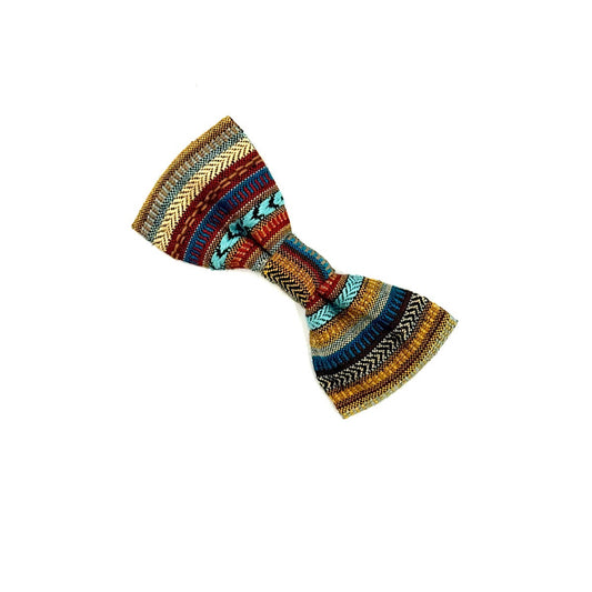 Colorful bow tie with intricate patterns on a white background
