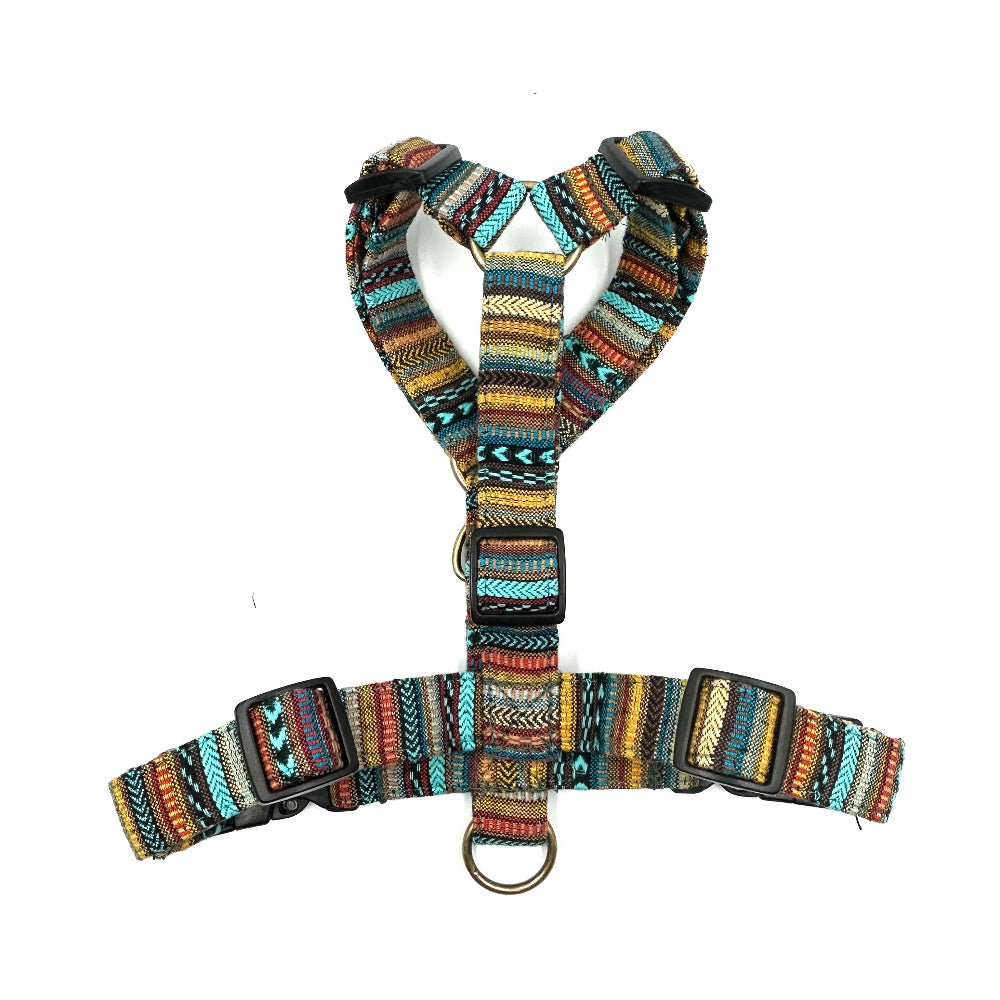 dog harness made from multi colour woven fabric handmade by Barkley And Fetch on a white background