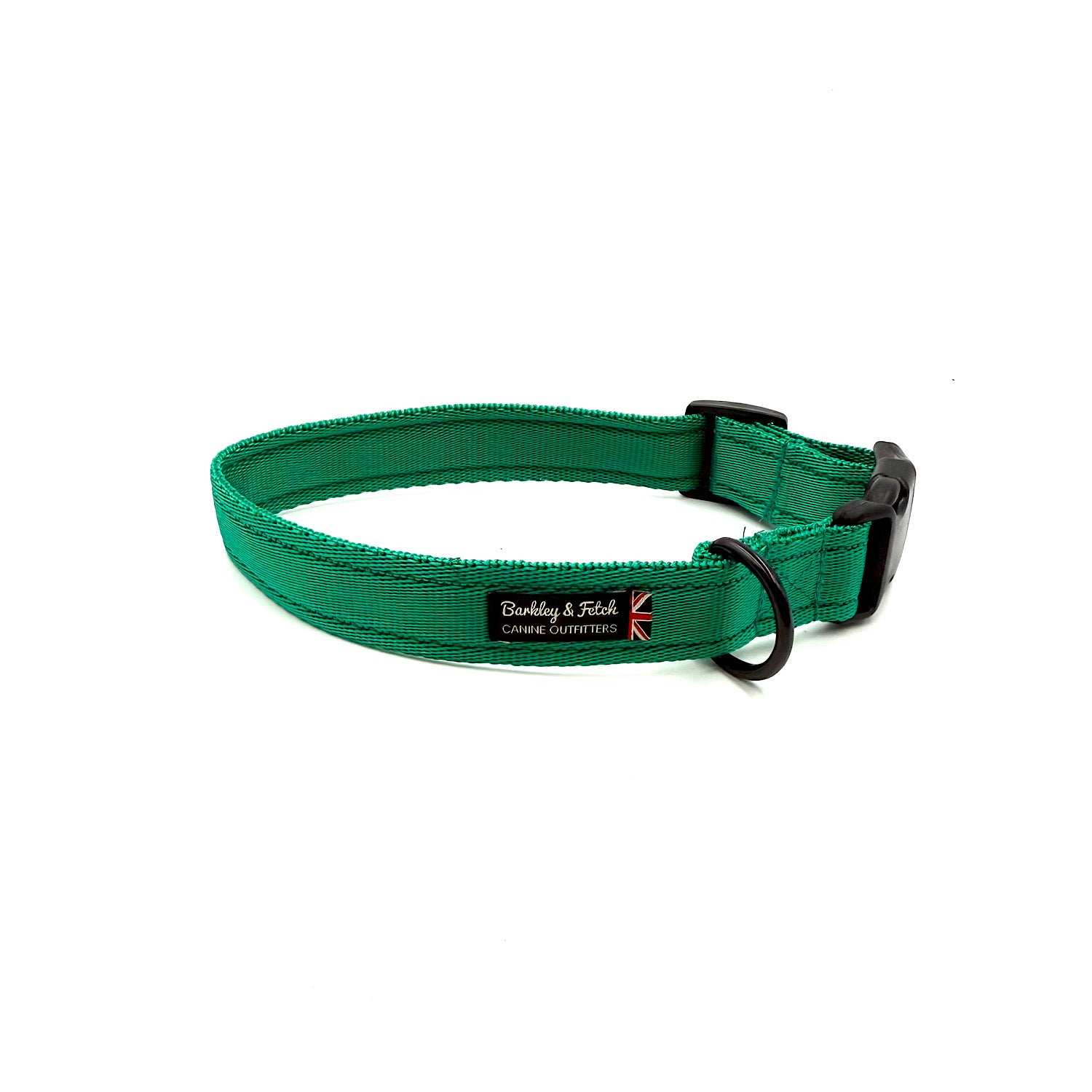 Green dog collar with black hardware on a white background handmade in UK by Barkley and Fetch