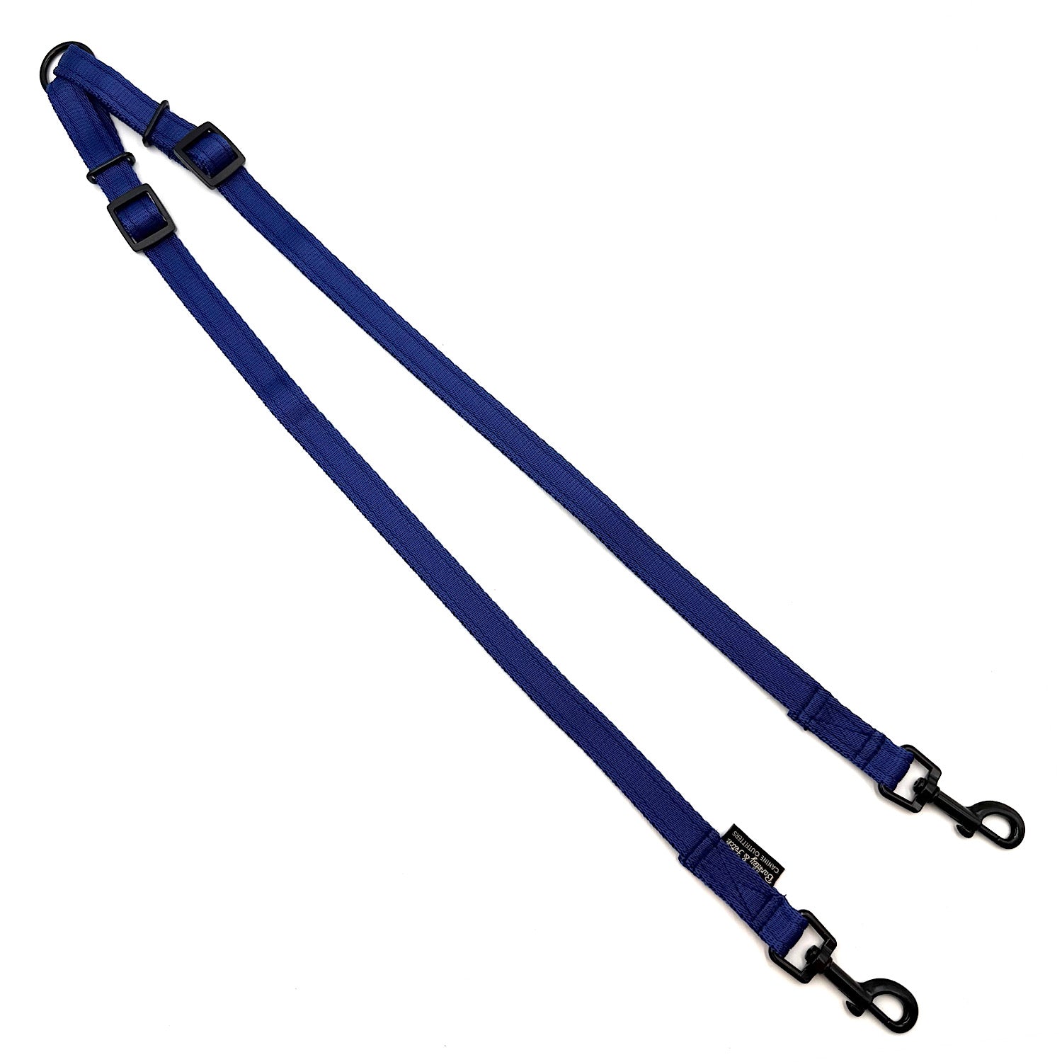 Blue dog leash with black clips on a white background handmade in UK by Barkley and Fetch