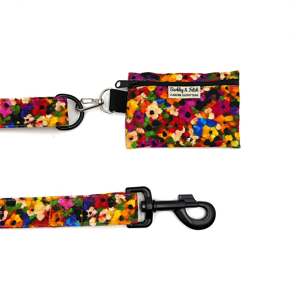 Colorful floral-patterned dog leash and collar set on a white background handmade by Barkley And Fetch
