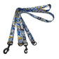 Patterned dog leash with metal clasp on a white background