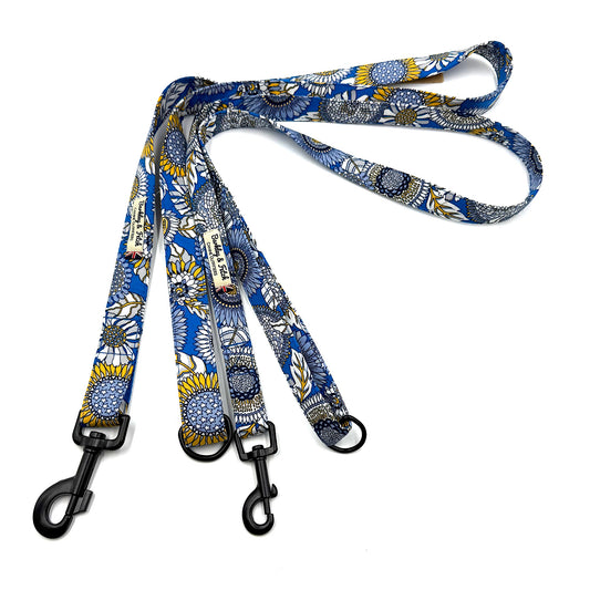 Patterned dog leash with metal clasp on a white background