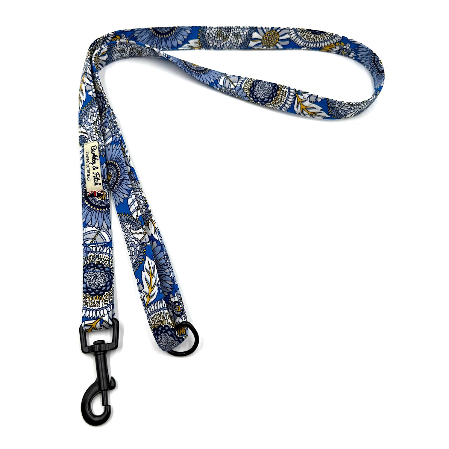 Dog leash with blue floral pattern on a white background