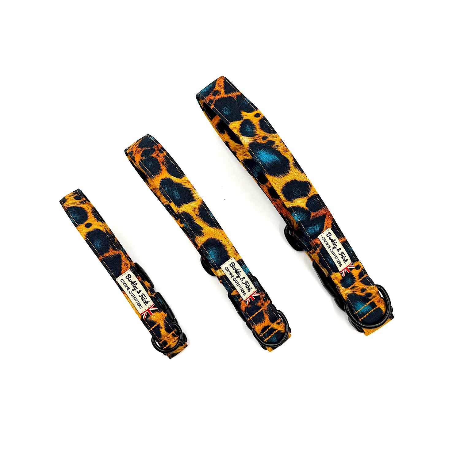 Three leopard print dog collars of different sizes on a white background. Handmade in UK by Barkley and Fetch