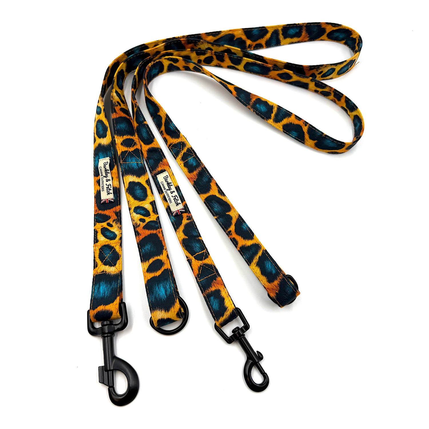 Leopard print dog leads with black clips on a white background Handmade in UK by Barkley and Fetch