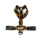 Dog harness with leopard print pattern on a white background. Handmade in UK by Barkley and Fetch