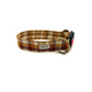 Brown plaid dog collar with a visible brand label on a white background handmade by Barkley and Fetch UK