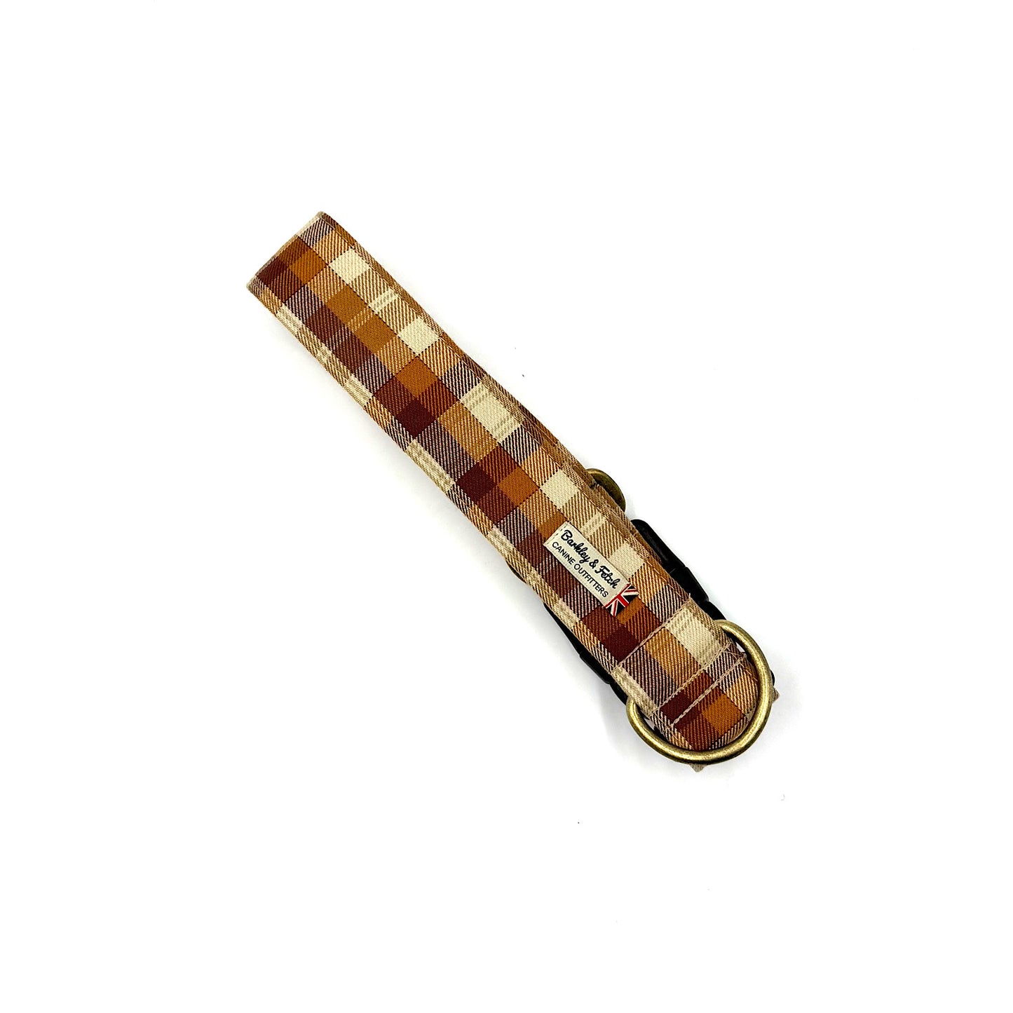Plaid dog collar with visible brand name on a white background handmade by Barkley and Fetch UK