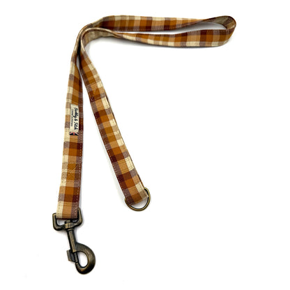 Plaid dog leash with metal clip on a white background