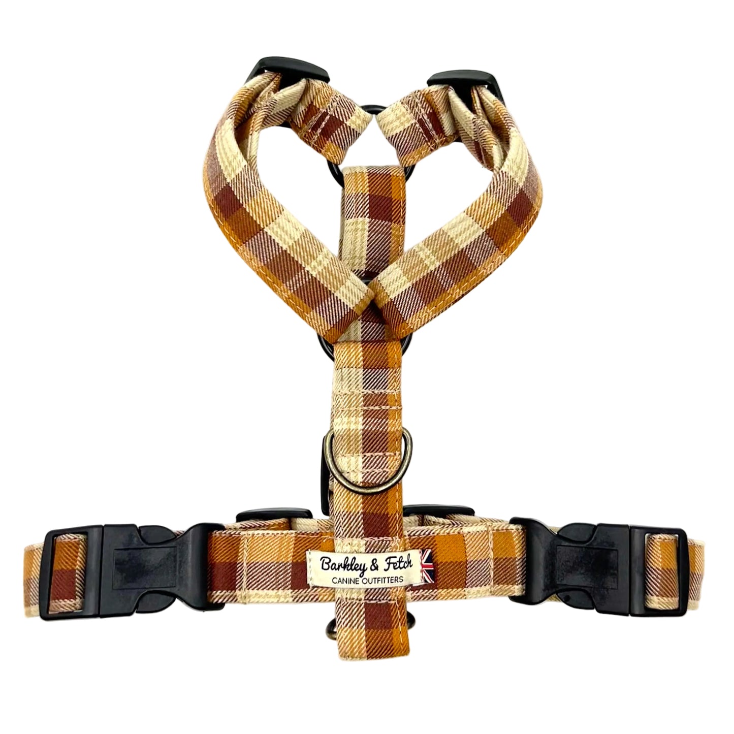 Plaid dog harness with black hardware on a white background handmade by Barkley and fetch UK