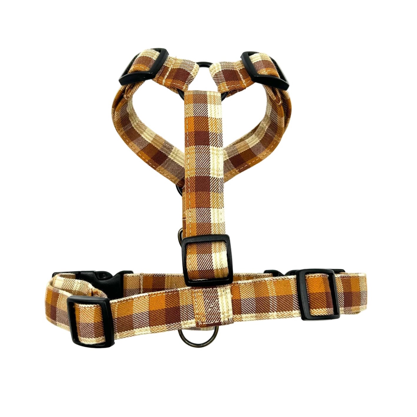 Plaid dog harness on a white background handmade by Barkley and fetch UK