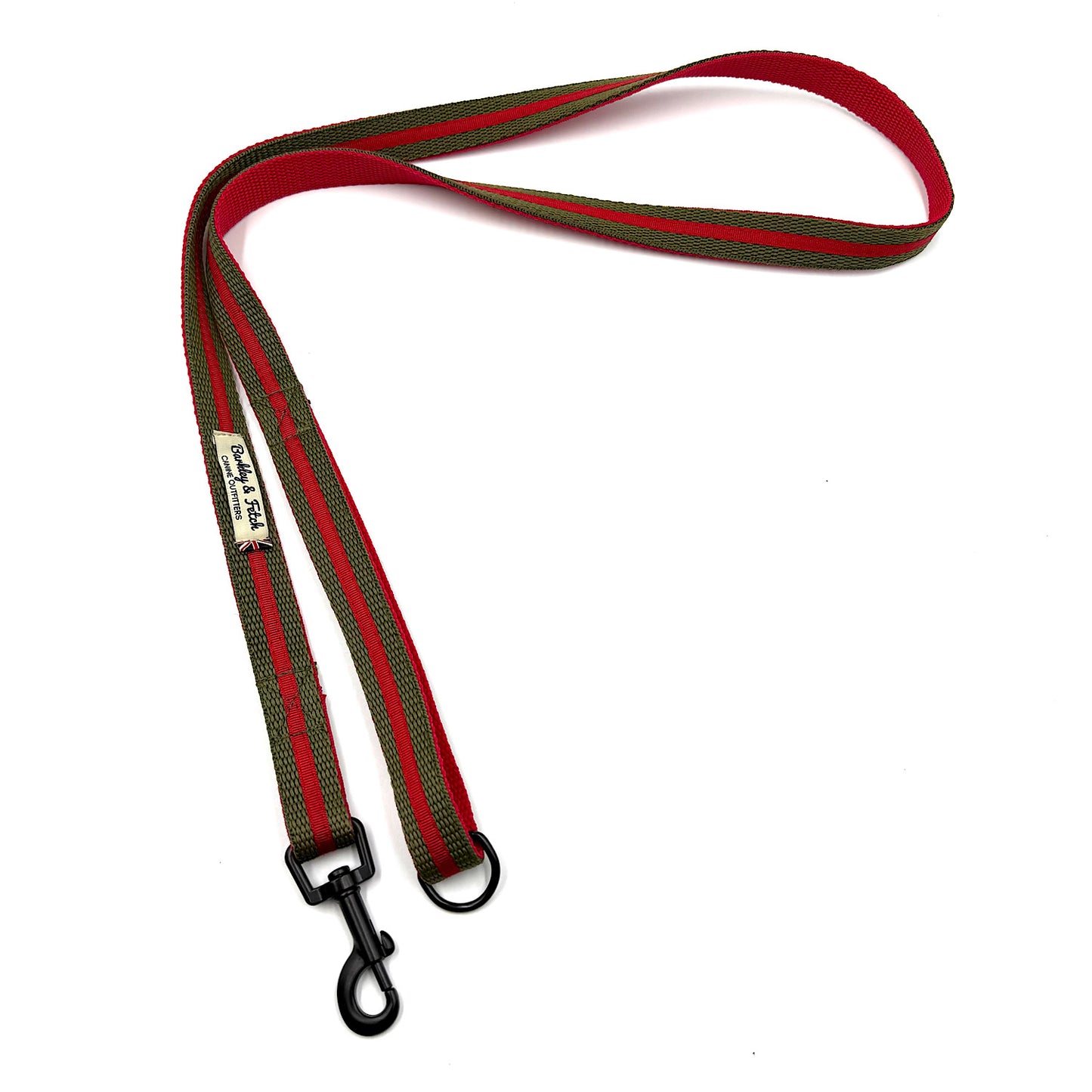 Dog leash with red and green striped pattern on a white background