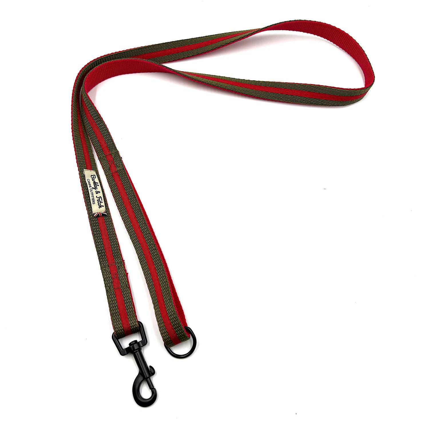 Dog leash with red and green striped pattern on a white background