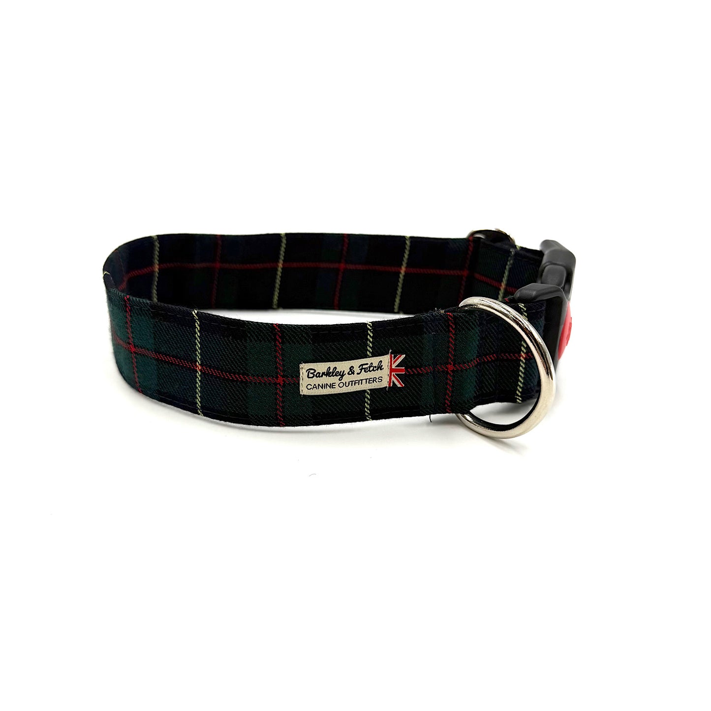 Plaid dog collar with a visible brand logo on a white background handmade by Barkley and Fetch UK