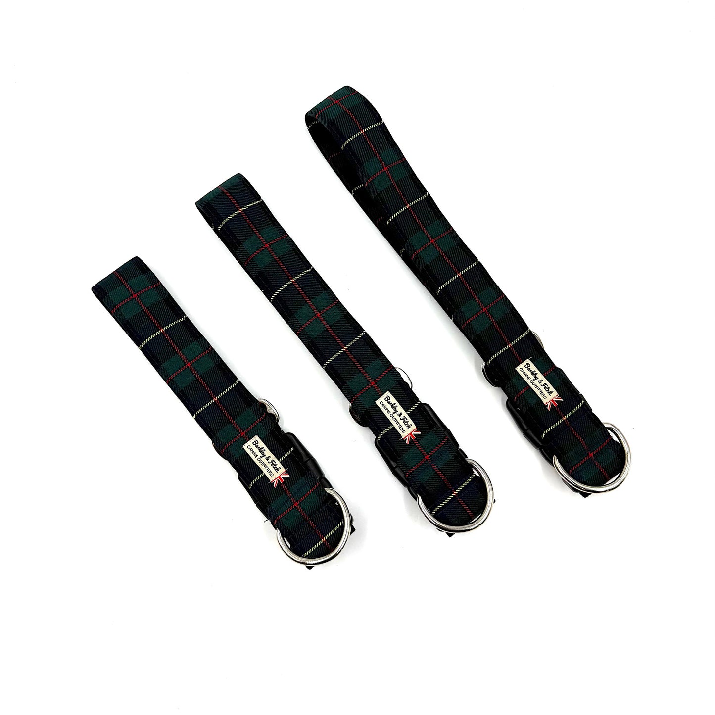 Three black plaid dog collars with metal buckles on a white background handmade by Barkley and Fetch UK