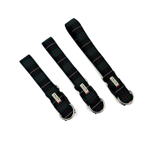 Three black plaid dog collars with metal buckles on a white background handmade by Barkley and Fetch UK