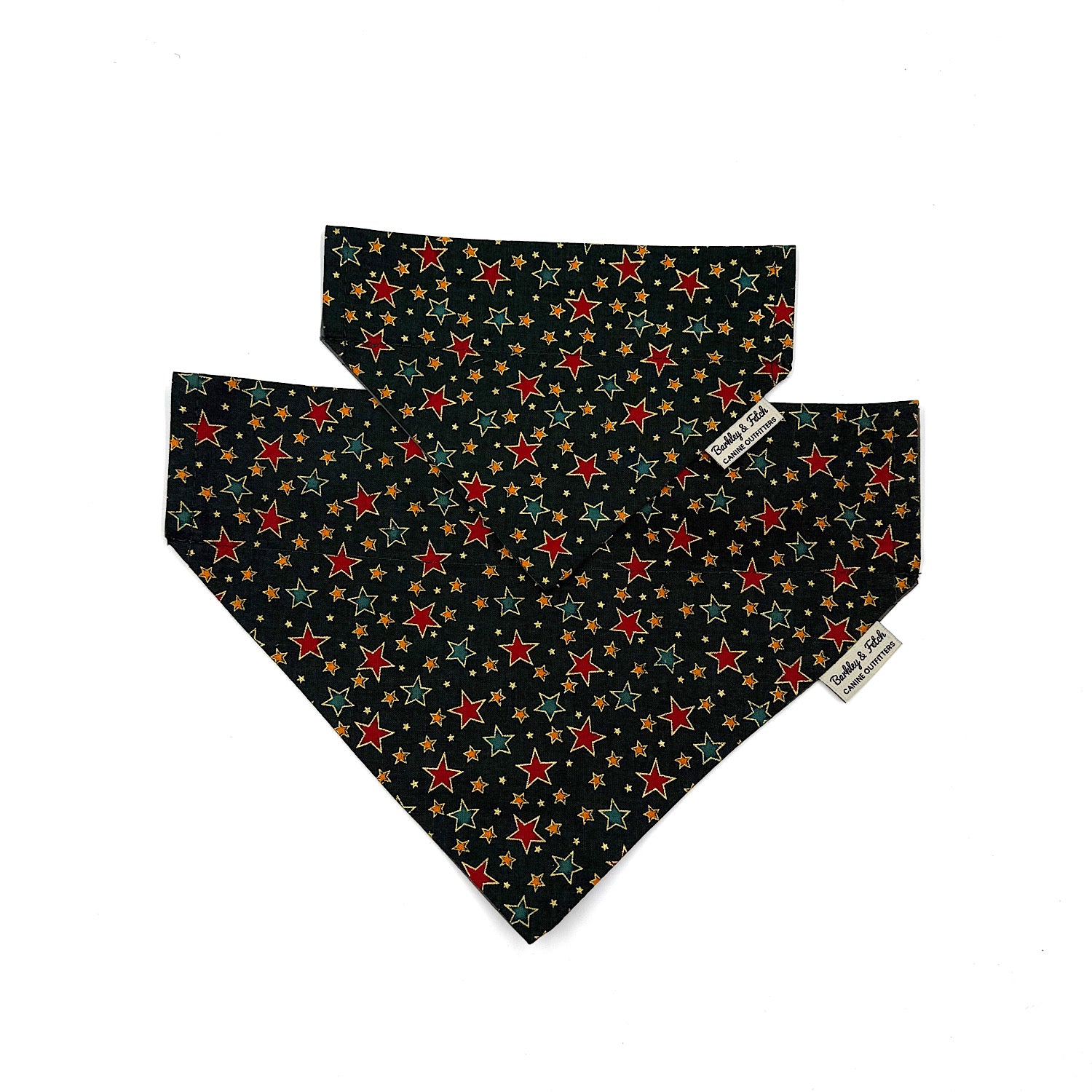 Two green bandanas with star patterns on a white background handmade by barkley and fetch uk