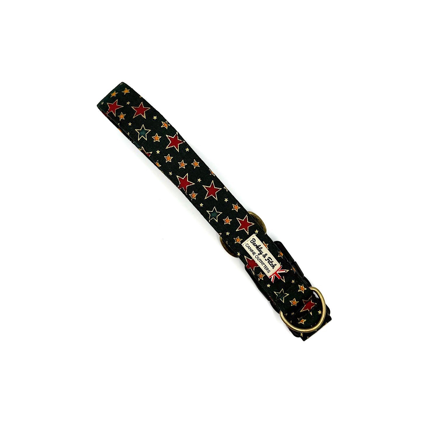 green dog collar with colourful star patterns on a white background handmade by barkley and fetch uk