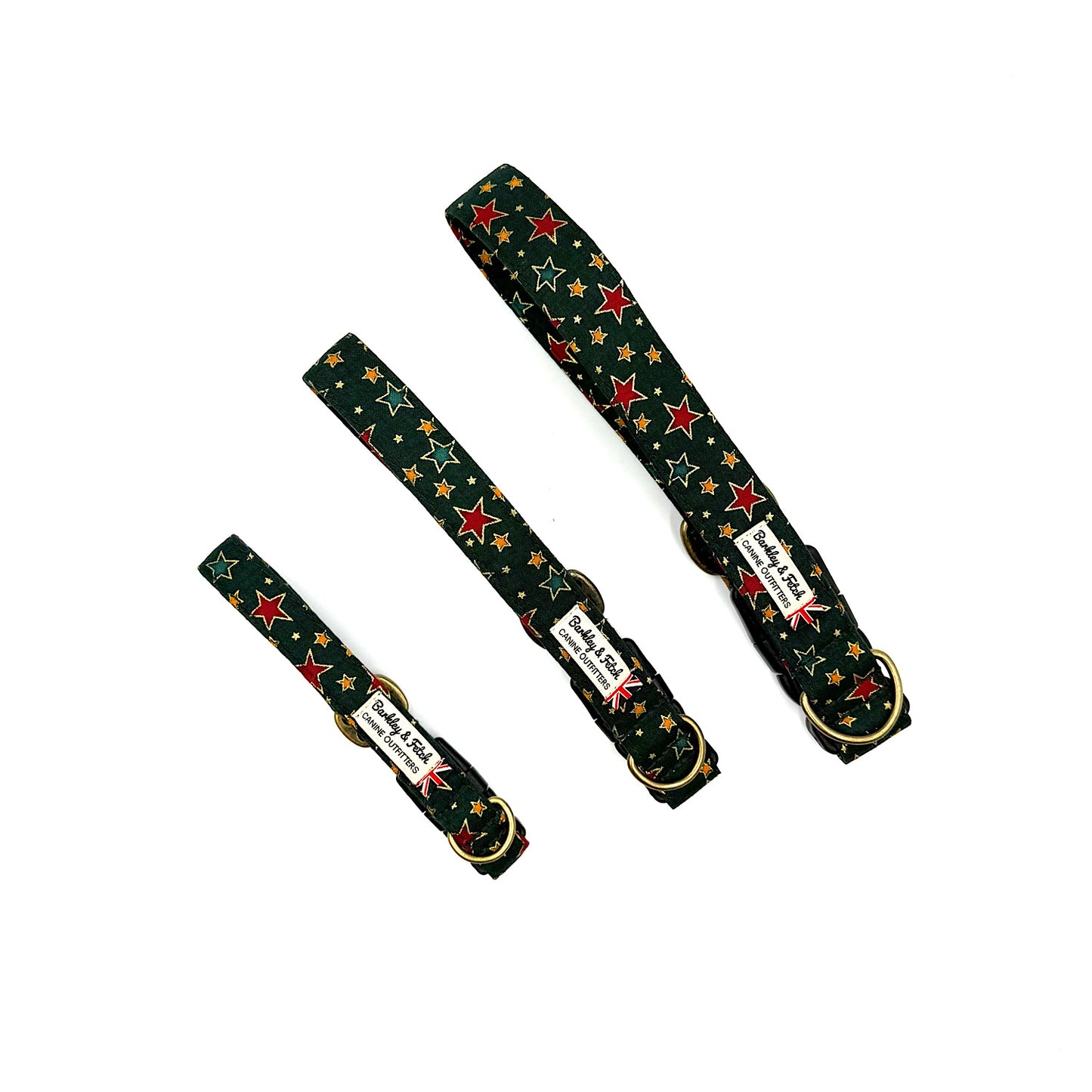 three dog collars with star pattern on a white background handmade by barkley and fetch uk