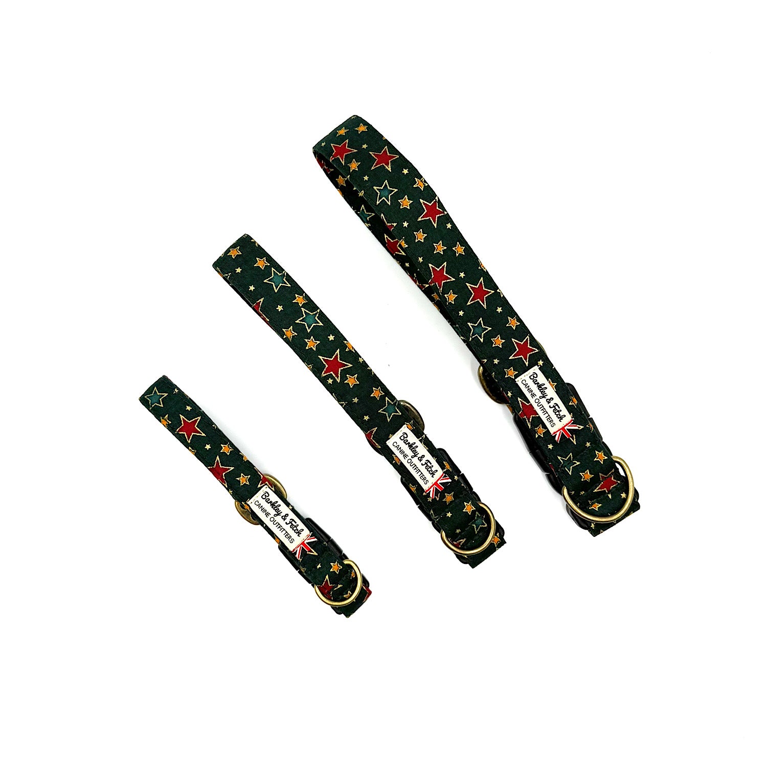 three dog collars with star pattern on a white background handmade by barkley and fetch uk