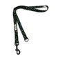 Leopard print dog leash with black clip on a white background