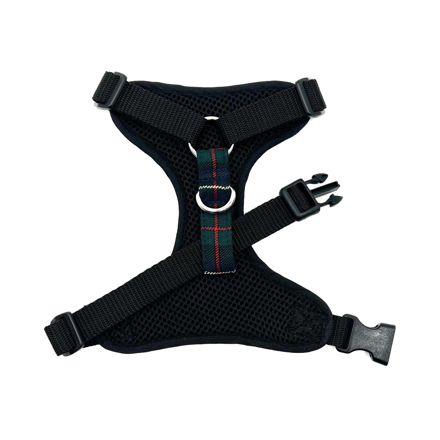 Black dog harness with plaid strap on a white background